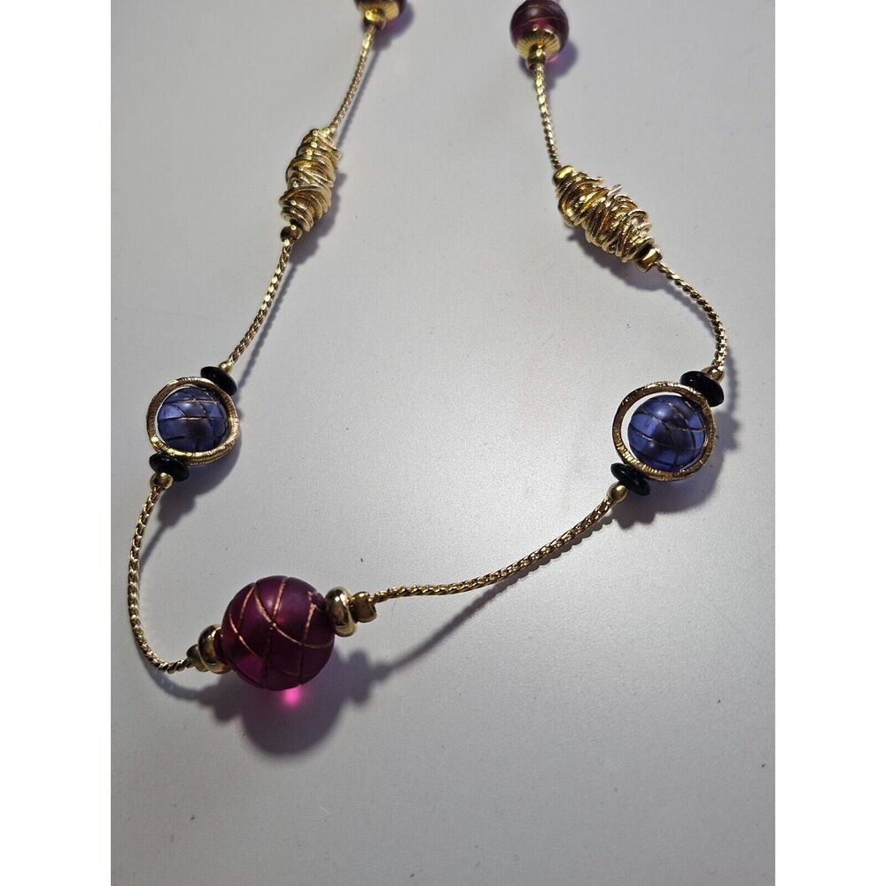 Gold tone beaded necklace 30" blue purple